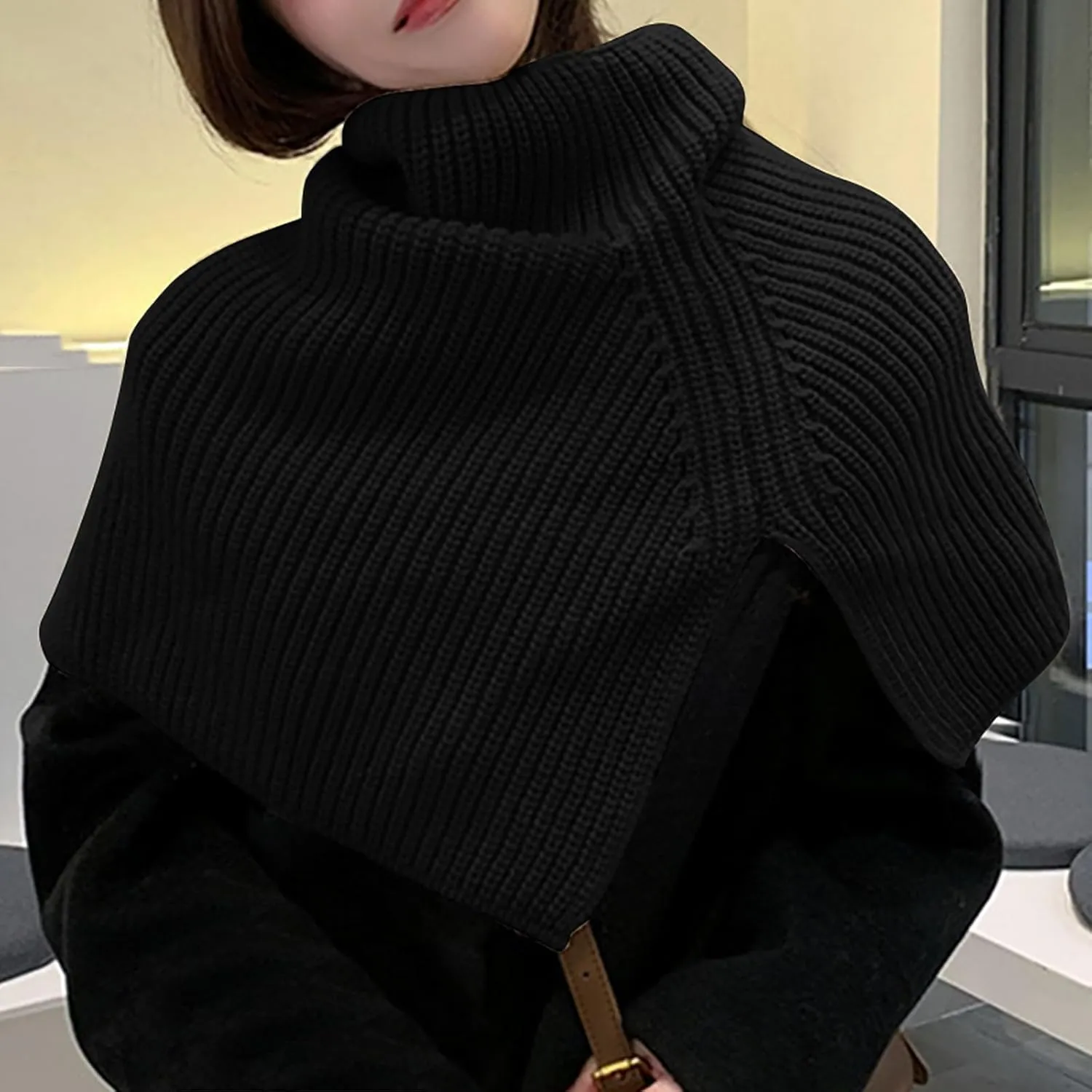 JOAU Women's Turtleneck Poncho Cloak Short Style Asymmetric Knitted Solid Color Slit Wrap Shawl Scarf for Holiday Travel