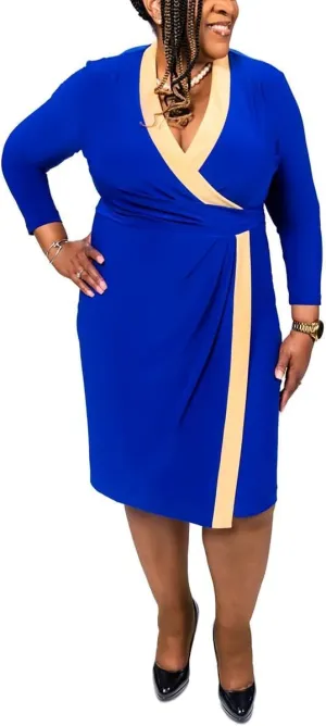 Kasper Womens Plus Colorblock Midi Wrap Dress Blue 2X