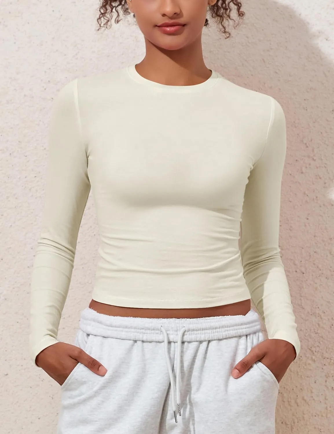 kayamiya Women's Basic Long Sleeve Cotton Shirts Tight Fit Fall Crewneck Trendy Y2K Crop Tops