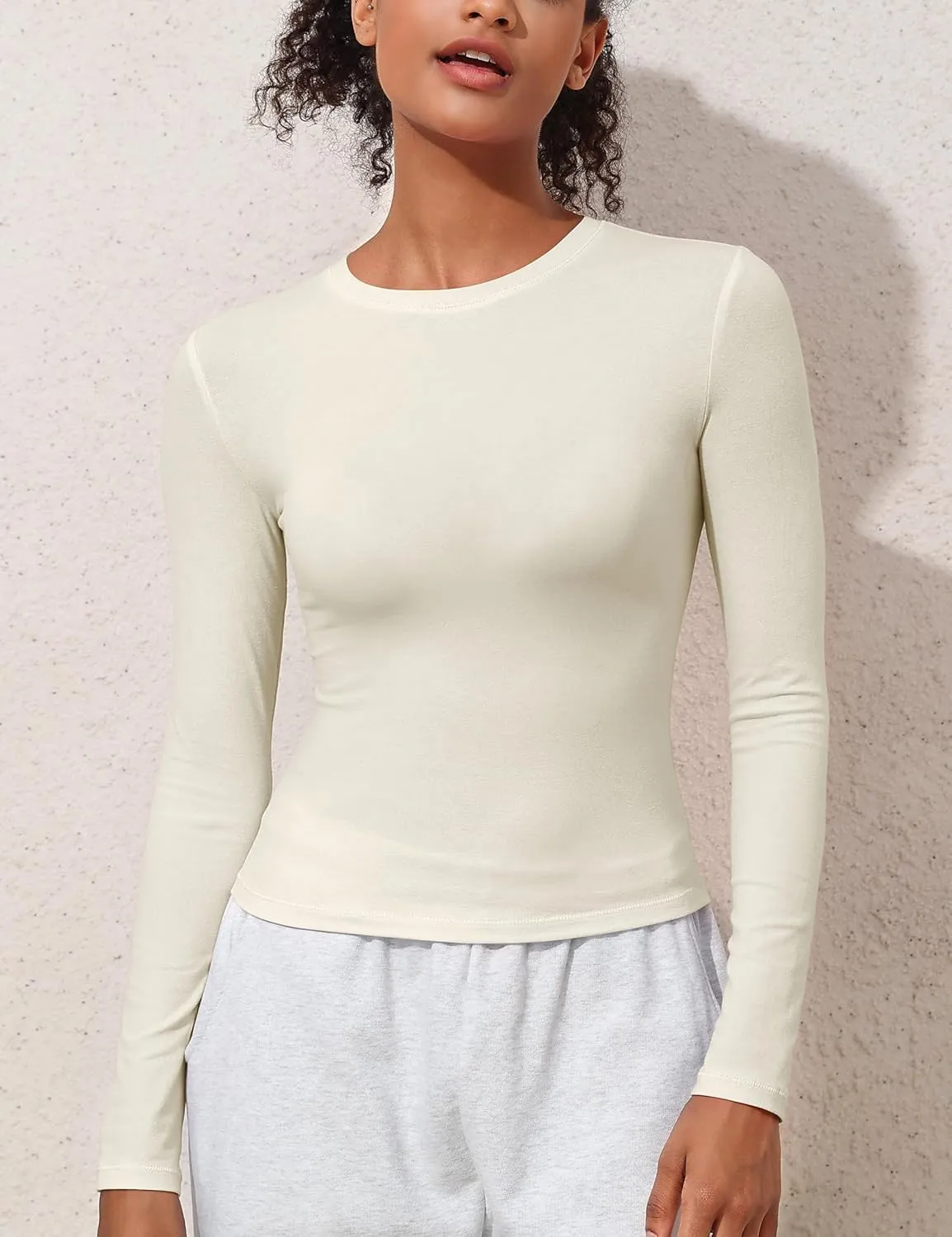 kayamiya Women's Basic Long Sleeve Cotton Shirts Tight Fit Fall Crewneck Trendy Y2K Crop Tops