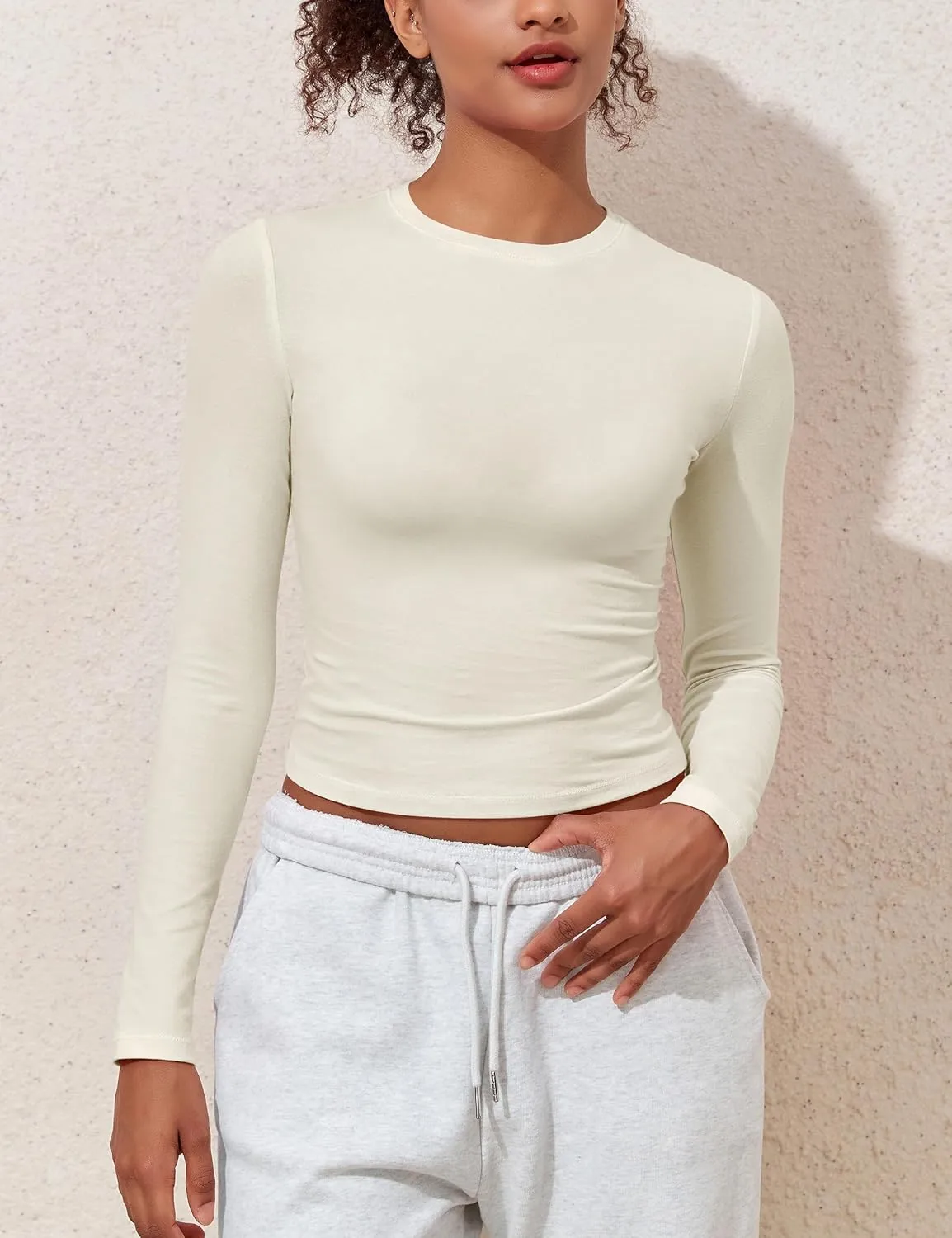 kayamiya Women's Basic Long Sleeve Cotton Shirts Tight Fit Fall Crewneck Trendy Y2K Crop Tops