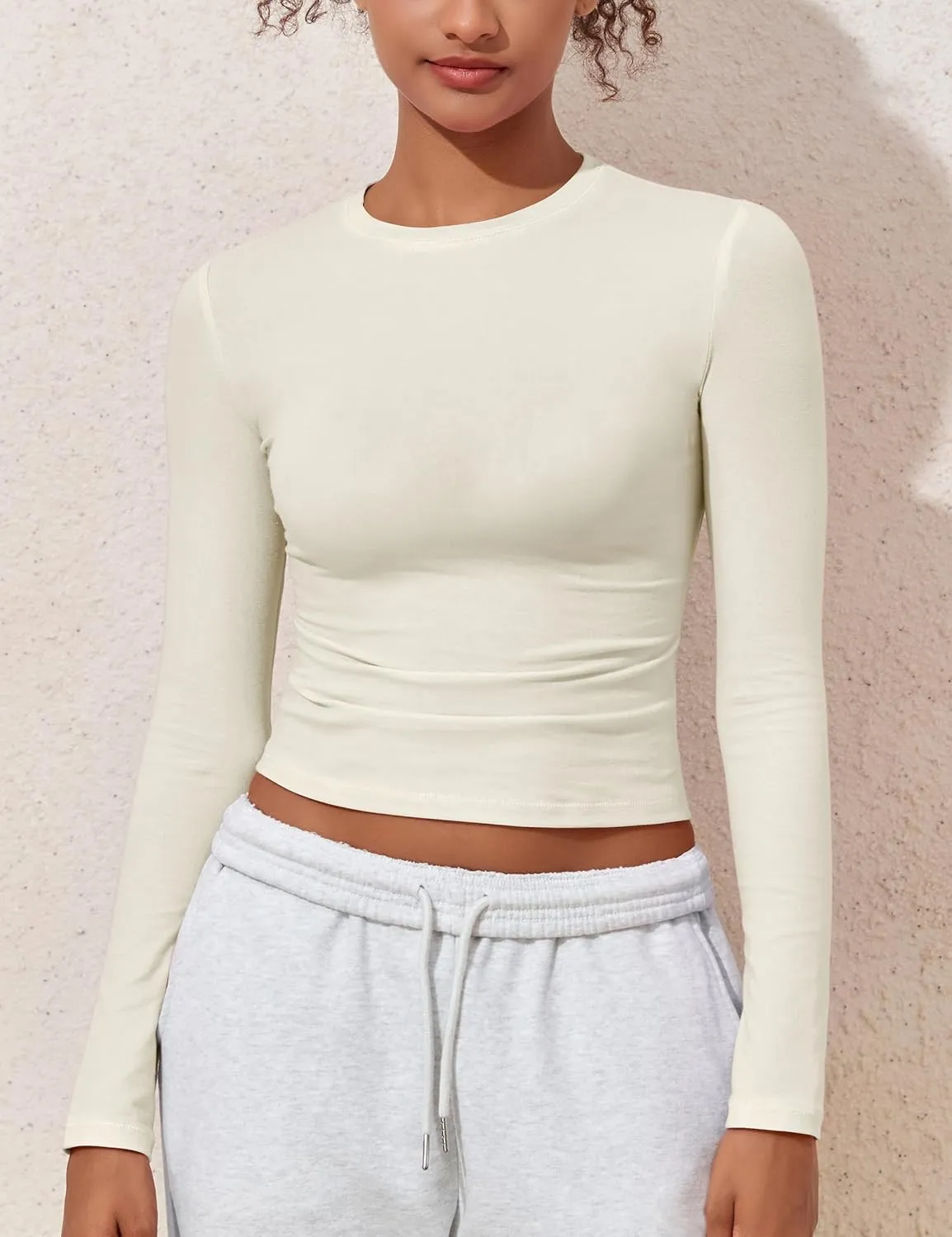 kayamiya Women's Basic Long Sleeve Cotton Shirts Tight Fit Fall Crewneck Trendy Y2K Crop Tops