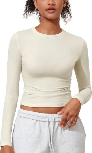 kayamiya Women's Basic Long Sleeve Cotton Shirts Tight Fit Fall Crewneck Trendy Y2K Crop Tops