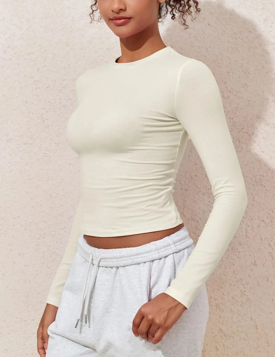 kayamiya Women's Basic Long Sleeve Cotton Shirts Tight Fit Fall Crewneck Trendy Y2K Crop Tops