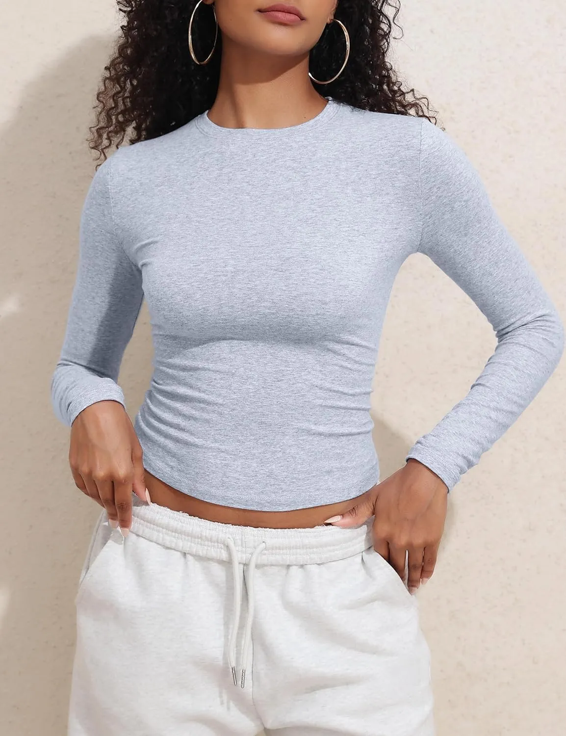 kayamiya Women's Basic Long Sleeve Cotton Shirts Tight Fit Fall Crewneck Trendy Y2K Crop Tops