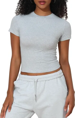 kayamiya Women's Basic Short Sleeve Cotton Shirts Slim Fit Crewneck Summer Trendy Y2k Baby Tee Crop Tops