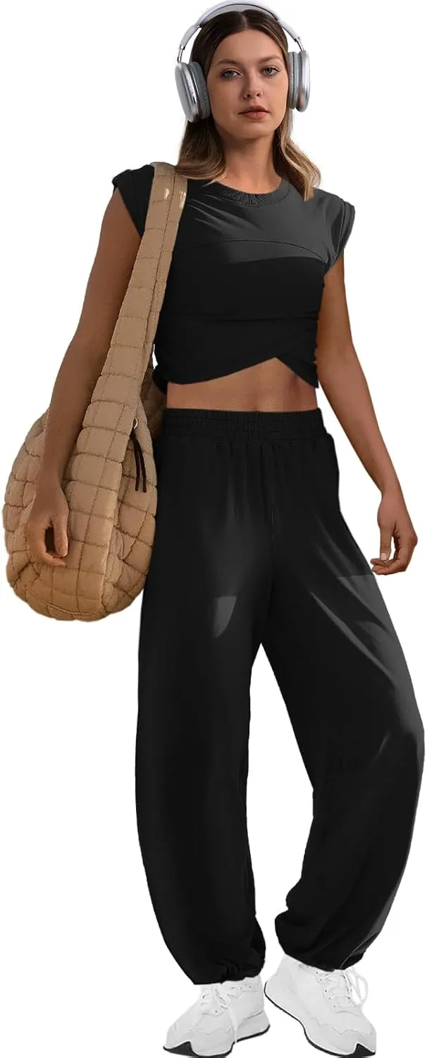 LAMISSCHE Womens Loungewear Set 2 Piece Outfits Sets Cropped Tops and Wide Leg Pants with Pockets Tracksuit