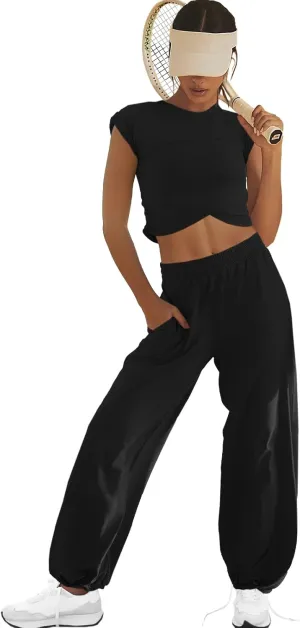 LAMISSCHE Womens Loungewear Set 2 Piece Outfits Sets Cropped Tops and Wide Leg Pants with Pockets Tracksuit