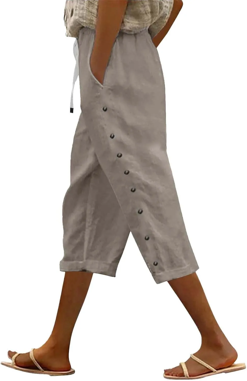 Linen Capri Pants for Women High Waisted Summer Capri Pants Elastic Waist Cotton Linen Yoga Cropped Trousers