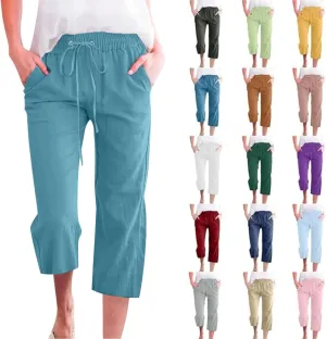 linen capri pants for women,amazon fashion womens clothing 2025 Capris Pants for Women Cotton Linen Casual Summer 2025 Straight Wide Leg Loose Drawstring Elastic Waist Cropped Trouser Sky Blue L