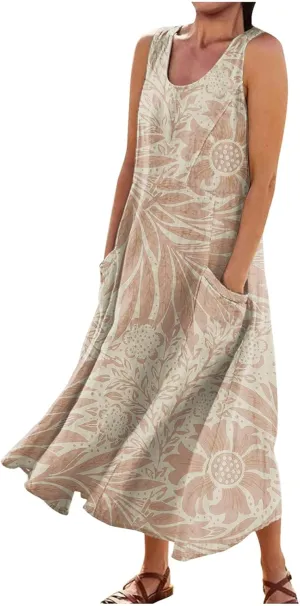 Linen Dresses for Women 2025 Casual Summer Sleeveless Flowy Maxi Dress Plus Size Boho Sundress with Pockets
