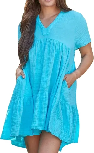 Lmdudan Plus Size Women Babydoll Mini Dress Flowy Ruffle Hem A-Line Dresses Cotton Linen Short Sleeve V Neck Beach Dress