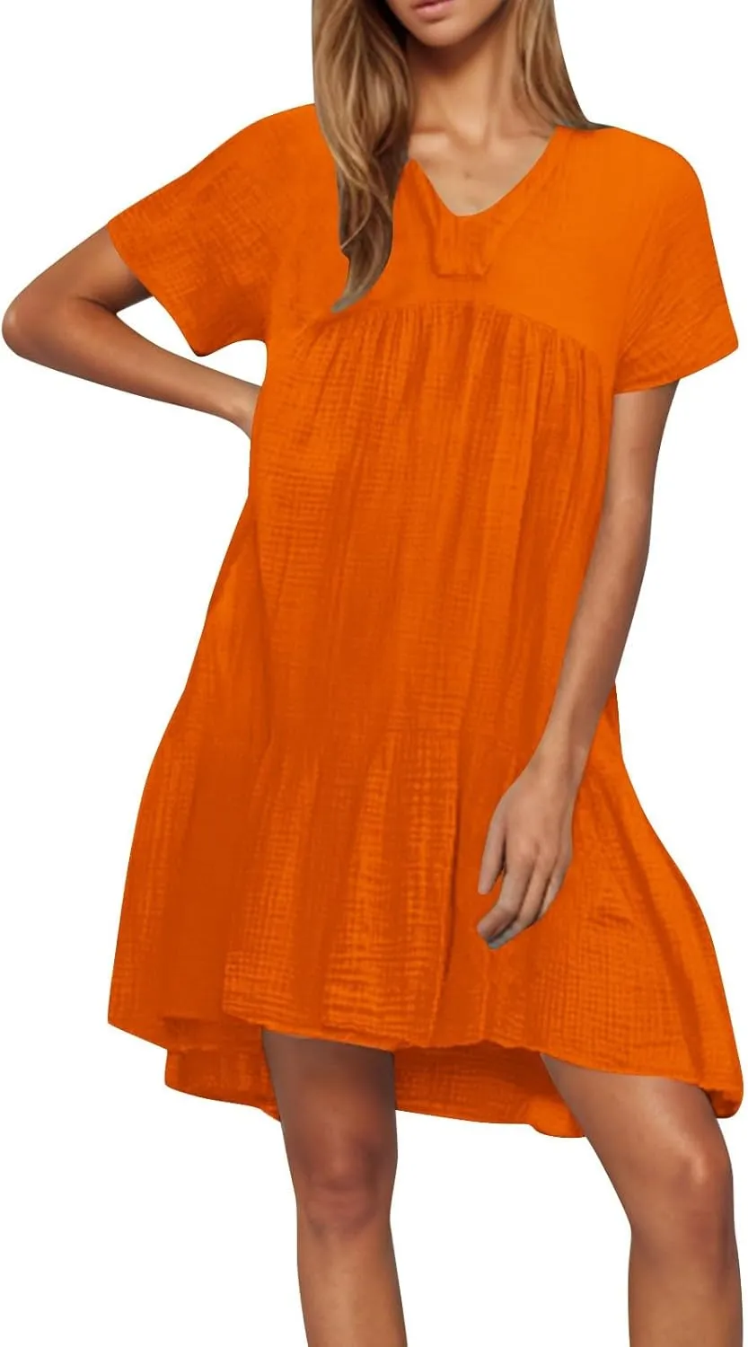Lmdudan Plus Size Women Babydoll Mini Dress Flowy Ruffle Hem A-Line Dresses Cotton Linen Short Sleeve V Neck Beach Dress