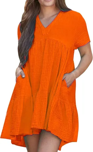 Lmdudan Plus Size Women Babydoll Mini Dress Flowy Ruffle Hem A-Line Dresses Cotton Linen Short Sleeve V Neck Beach Dress