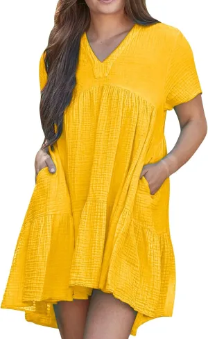 Lmdudan Plus Size Women Babydoll Mini Dress Flowy Ruffle Hem A-Line Dresses Cotton Linen Short Sleeve V Neck Beach Dress