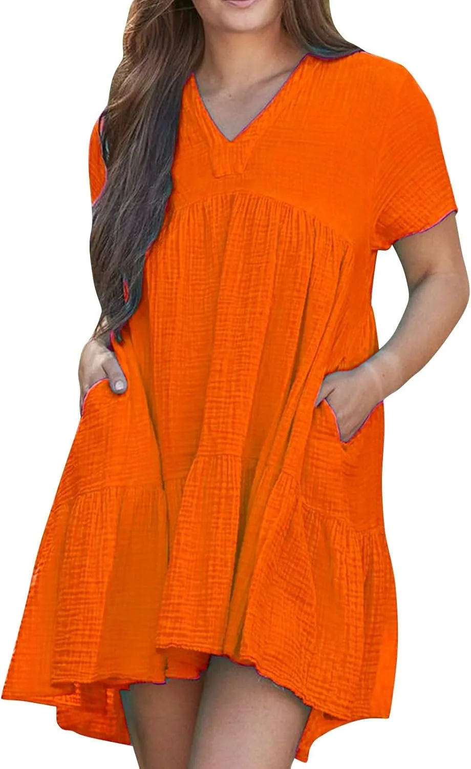 Lmdudan Plus Size Women Babydoll Mini Dress Flowy Ruffle Hem A-Line Dresses Cotton Linen Short Sleeve V Neck Beach Dress