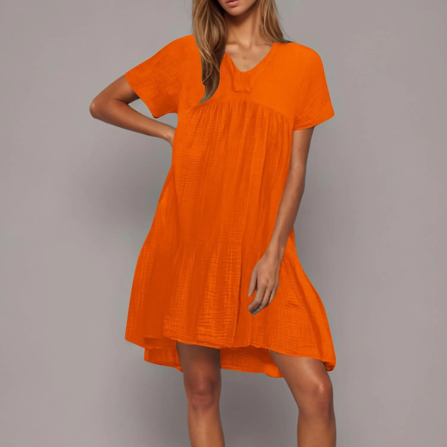 Lmdudan Plus Size Women Babydoll Mini Dress Flowy Ruffle Hem A-Line Dresses Cotton Linen Short Sleeve V Neck Beach Dress