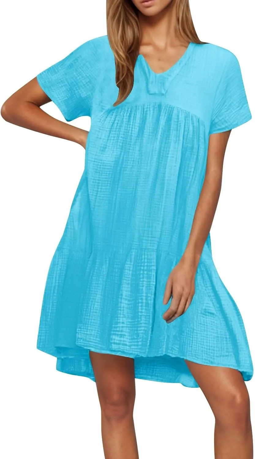 Lmdudan Plus Size Women Babydoll Mini Dress Flowy Ruffle Hem A-Line Dresses Cotton Linen Short Sleeve V Neck Beach Dress
