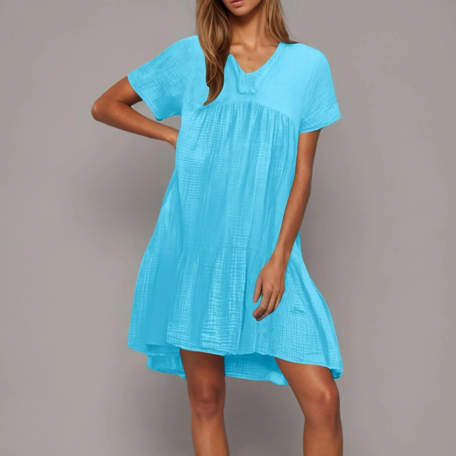 Lmdudan Plus Size Women Babydoll Mini Dress Flowy Ruffle Hem A-Line Dresses Cotton Linen Short Sleeve V Neck Beach Dress