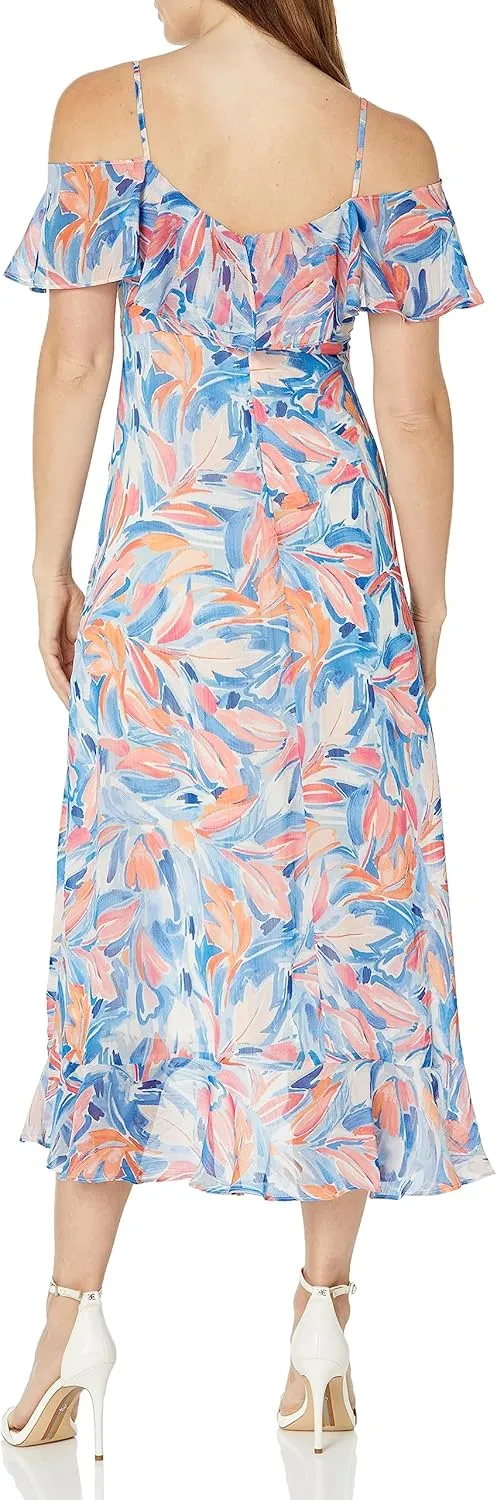 London Times Women's Cold Shoulder Ruffle Wrap Maxi