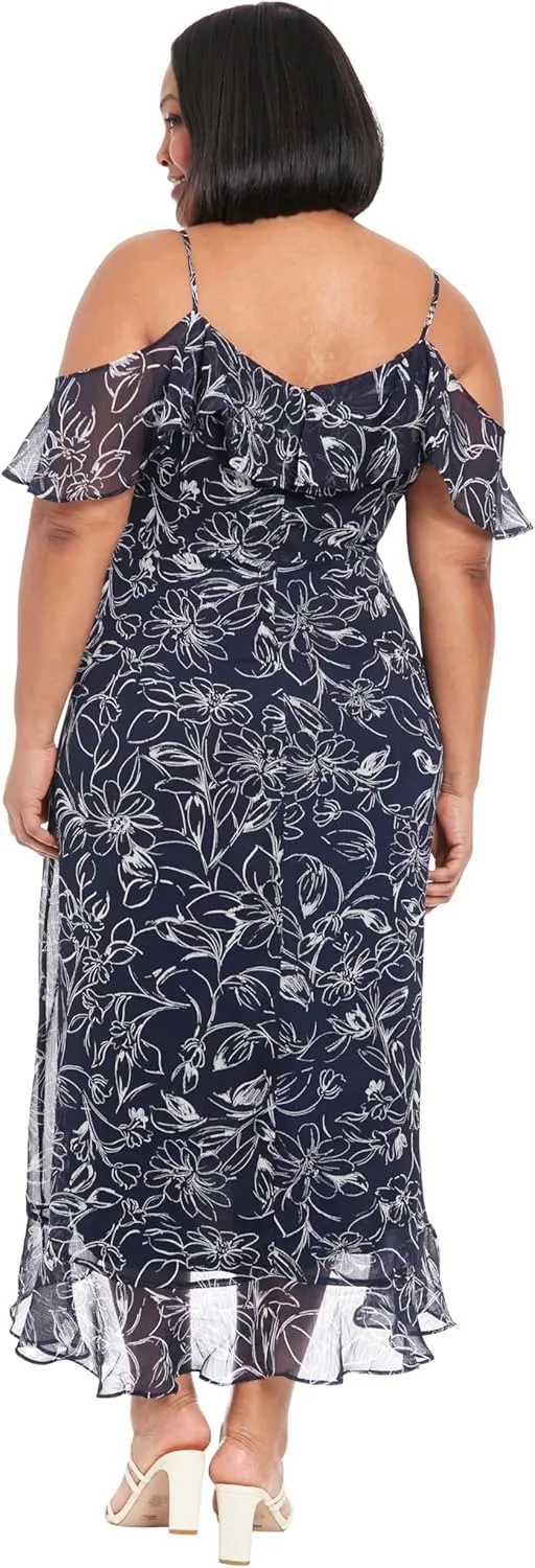 London Times Women's Cold Shoulder Ruffle Wrap Maxi