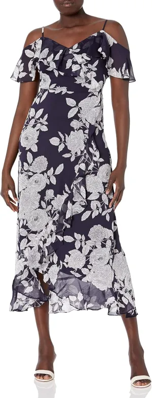 London Times Women's Cold Shoulder Ruffle Wrap Maxi