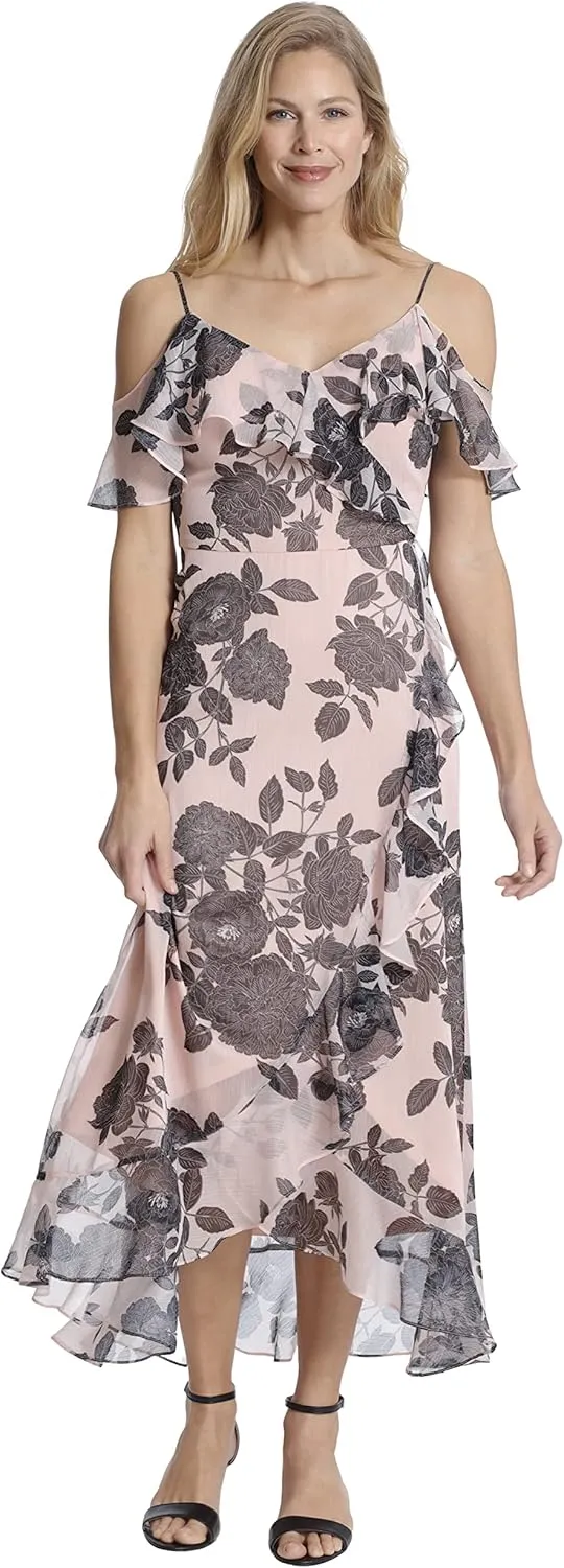 London Times Women's Cold Shoulder Ruffle Wrap Maxi