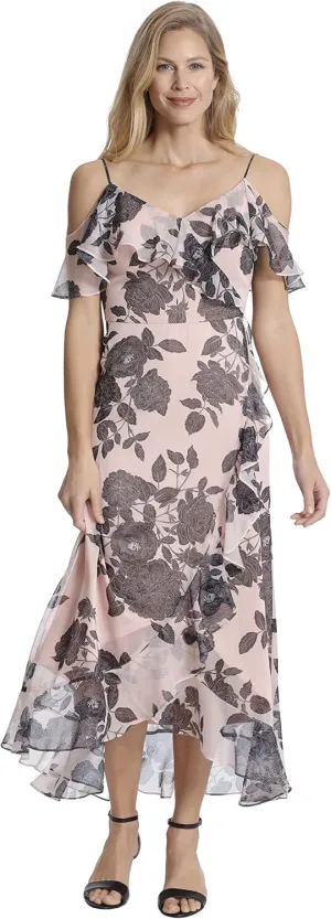 London Times Women's Cold Shoulder Ruffle Wrap Maxi