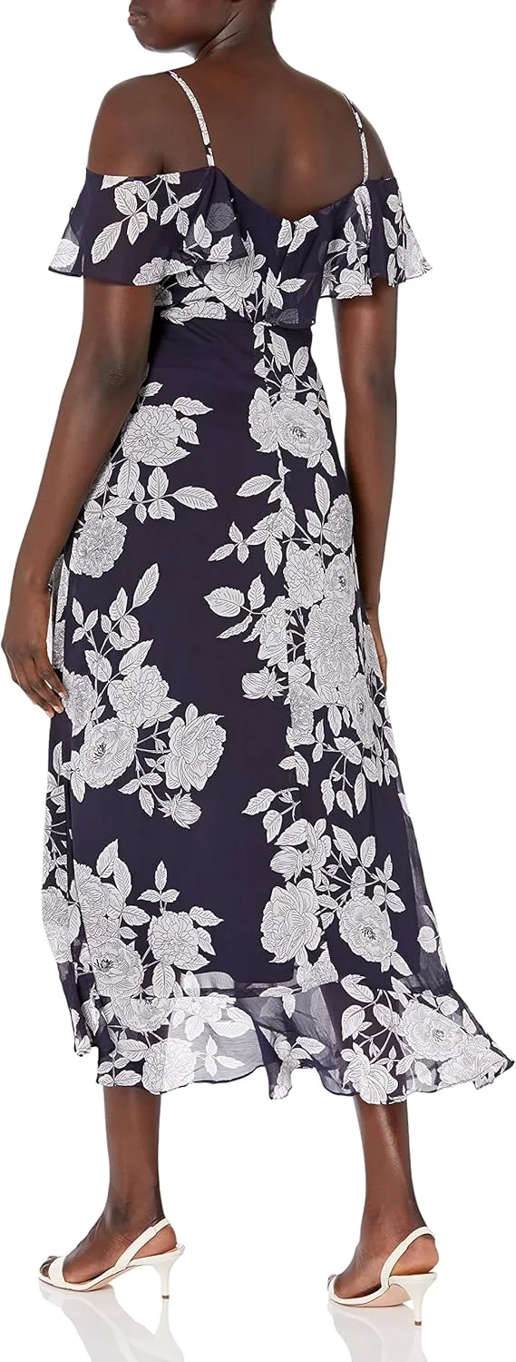 London Times Women's Cold Shoulder Ruffle Wrap Maxi