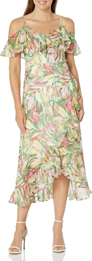 London Times Women's Cold Shoulder Ruffle Wrap Maxi