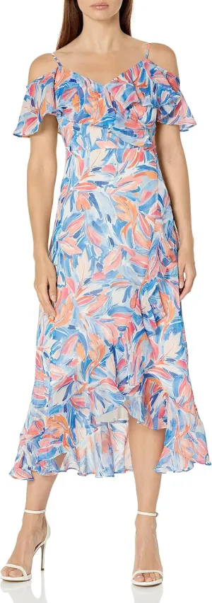 London Times Women's Cold Shoulder Ruffle Wrap Maxi