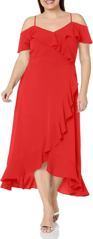 London Times Women's Cold Shoulder Ruffle Wrap Maxi