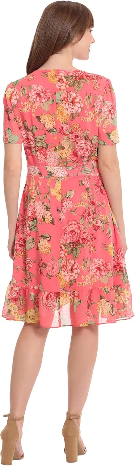 London Times Women's Faux Wrap Dress with Ruffle Skirt Occasion Shower Office Career
