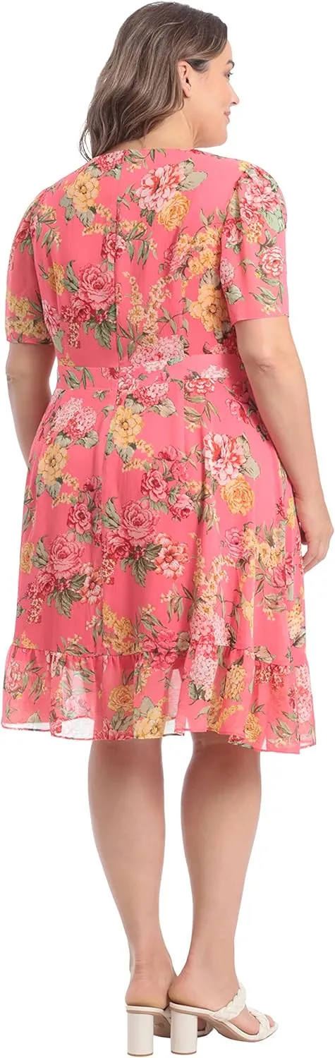 London Times Women's Faux Wrap Dress with Ruffle Skirt Occasion Shower Office Career