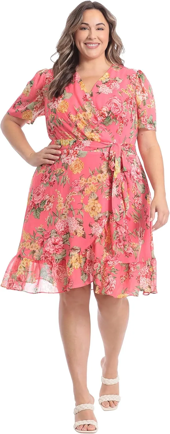 London Times Women's Faux Wrap Dress with Ruffle Skirt Occasion Shower Office Career