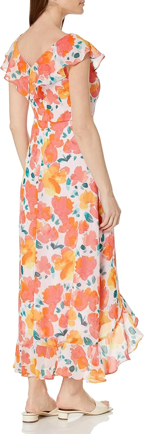 London Times Women's Faux Wrap Ruffle Maxi Dress