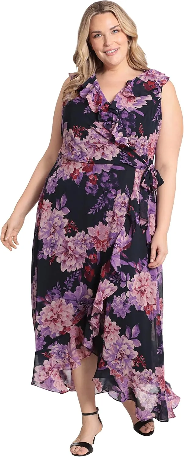 London Times Women's Plus Size Sleeveless Ruffle Detail Faux Wrap Tie Midi Dress, Navy/Purple