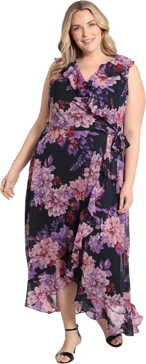 London Times Women's Plus Size Sleeveless Ruffle Detail Faux Wrap Tie Midi Dress, Navy/Purple