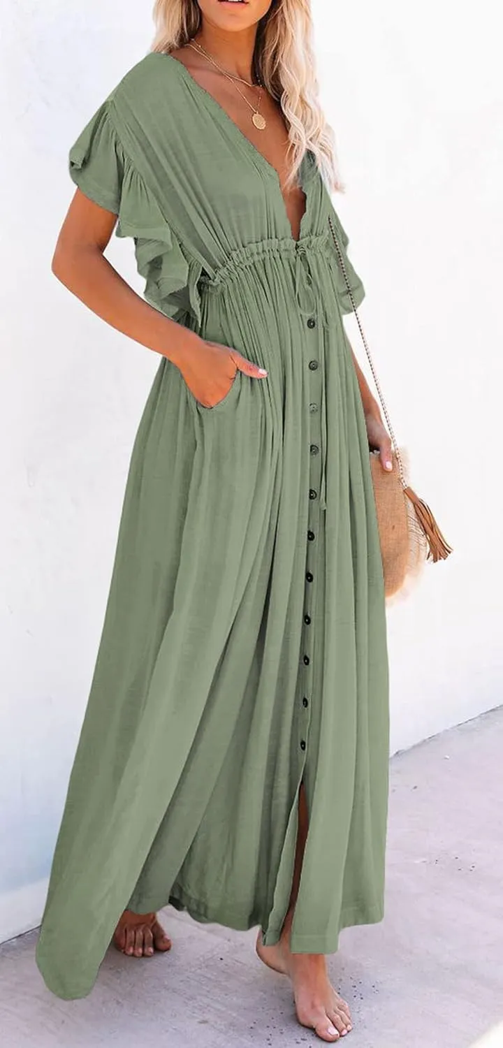 loveimgs Women's Casual Deep Plunge Cutout Ruffle Sleeve Swing Beach Maxi Dress Backless Coverup