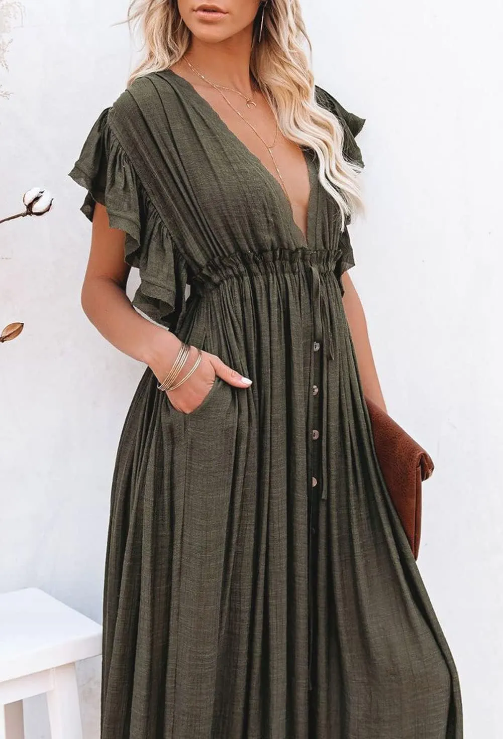 loveimgs Women's Casual Deep Plunge Cutout Ruffle Sleeve Swing Beach Maxi Dress Backless Coverup
