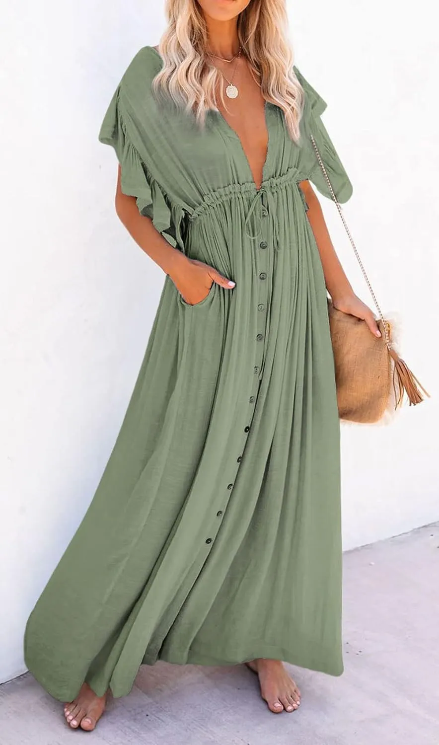 loveimgs Women's Casual Deep Plunge Cutout Ruffle Sleeve Swing Beach Maxi Dress Backless Coverup