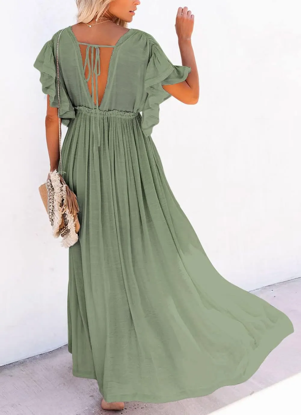 loveimgs Women's Casual Deep Plunge Cutout Ruffle Sleeve Swing Beach Maxi Dress Backless Coverup