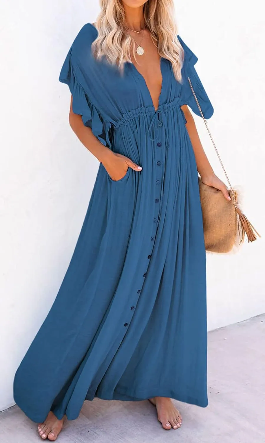 loveimgs Women's Casual Deep Plunge Cutout Ruffle Sleeve Swing Beach Maxi Dress Backless Coverup