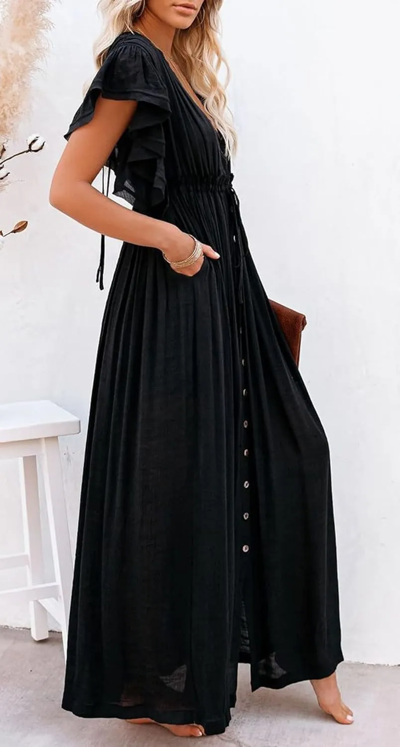 loveimgs Women's Casual Deep Plunge Cutout Ruffle Sleeve Swing Beach Maxi Dress Backless Coverup
