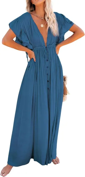 loveimgs Women's Casual Deep Plunge Cutout Ruffle Sleeve Swing Beach Maxi Dress Backless Coverup