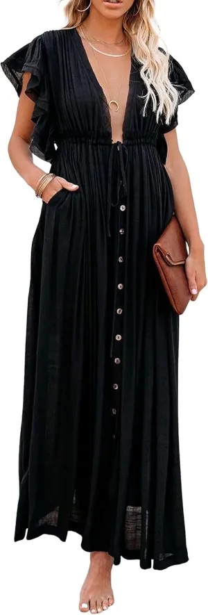 loveimgs Women's Casual Deep Plunge Cutout Ruffle Sleeve Swing Beach Maxi Dress Backless Coverup