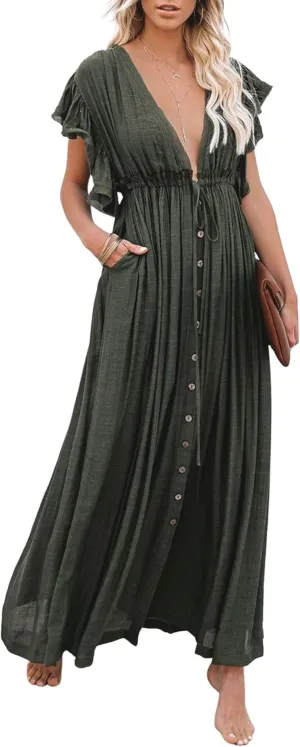 loveimgs Women's Casual Deep Plunge Cutout Ruffle Sleeve Swing Beach Maxi Dress Backless Coverup