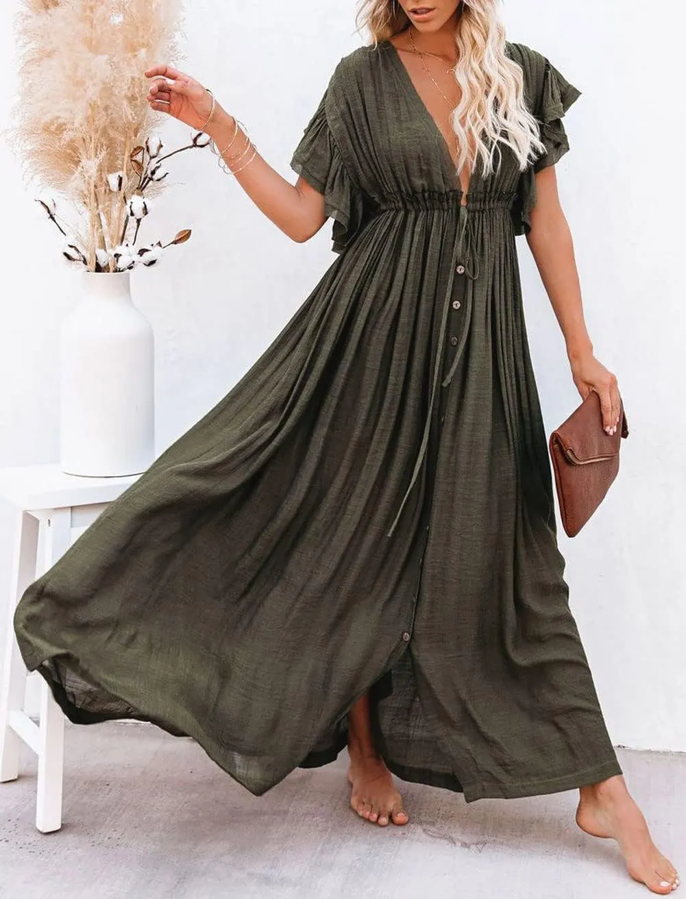 loveimgs Women's Casual Deep Plunge Cutout Ruffle Sleeve Swing Beach Maxi Dress Backless Coverup