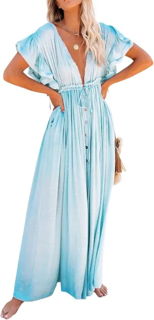 loveimgs Women's Casual Deep Plunge Cutout Ruffle Sleeve Swing Beach Maxi Dress Backless Coverup