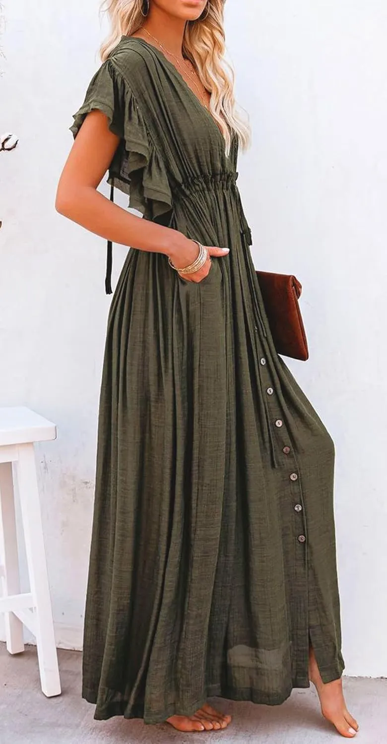 loveimgs Women's Casual Deep Plunge Cutout Ruffle Sleeve Swing Beach Maxi Dress Backless Coverup